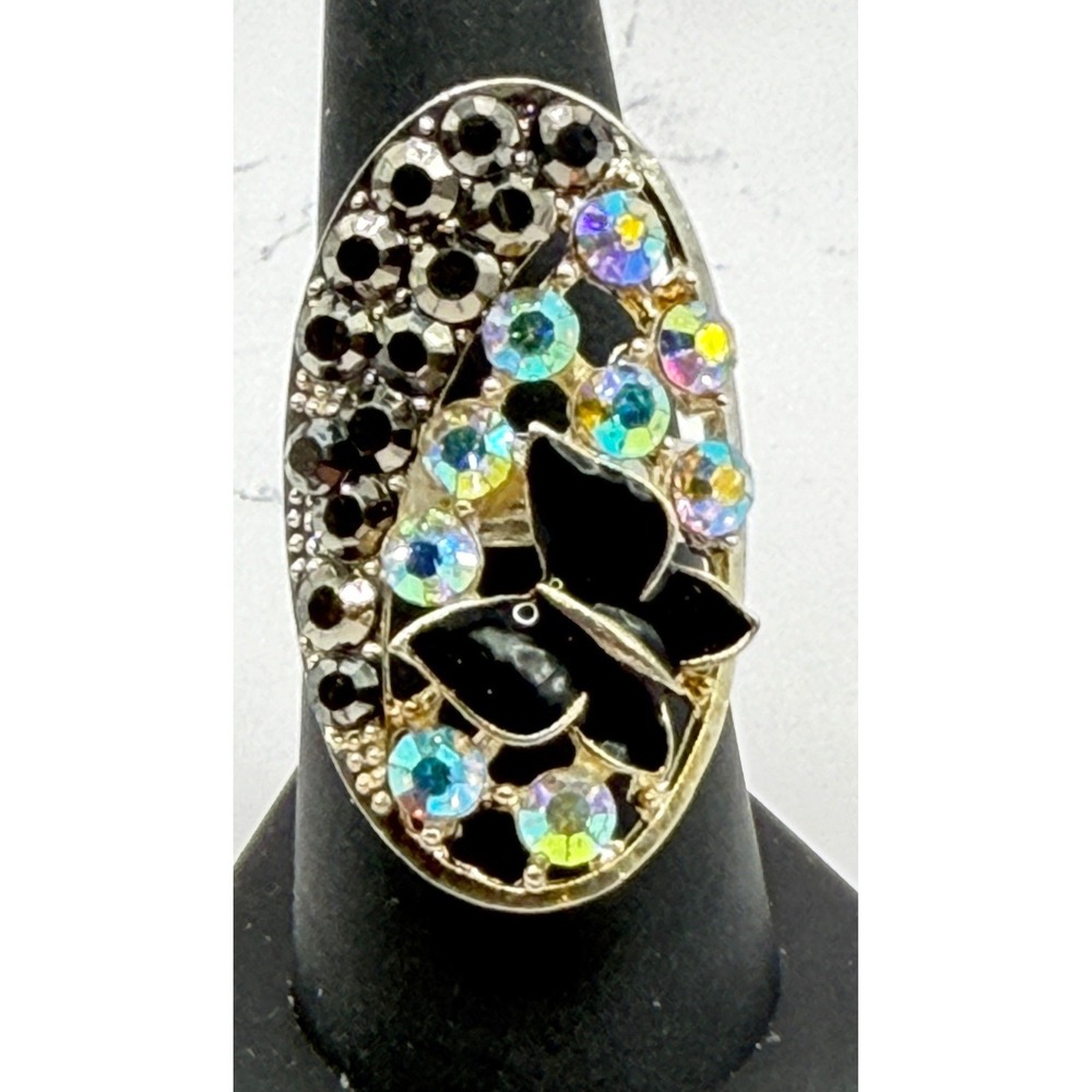 Butterfly Rhinestone Statement Ring AB Crystal Black Silver Adjustable